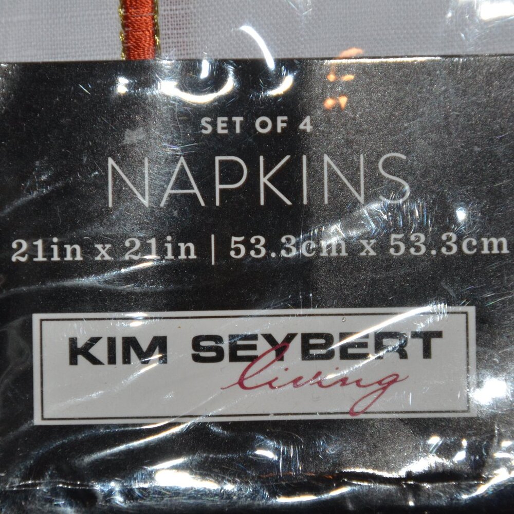 RARE KIM SEYBERT FINE LIVING 4 ORANGE EMBROIDERED GREEK KEY 21" DINNER NAPKIN - Picture 3 of 3